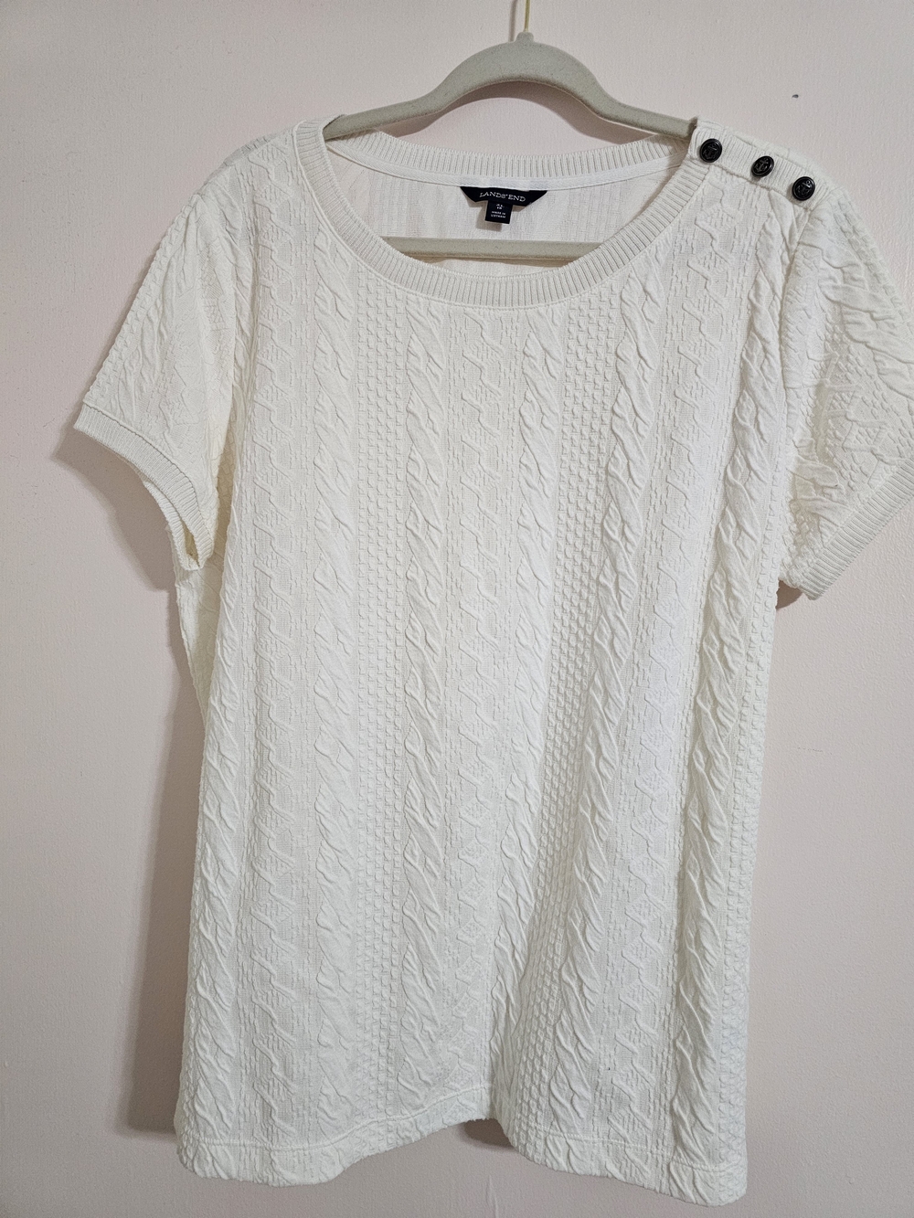 Lands End XL Cream Short-Sleeve Cable Knit Top Nautical Beach Preppy
